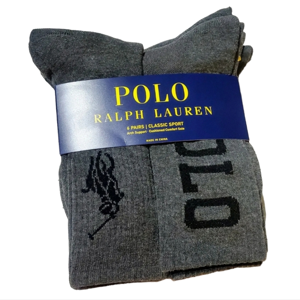 Polo Ralph Lauren Men's Gray Classic Sport Crew Sock 6-Pack (10-13)